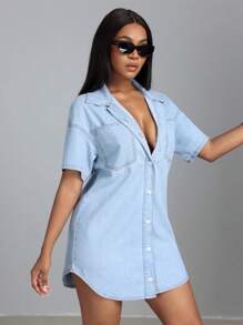 SHEIN SXY Women Simple Solid Color Denim Dress For Daily Wear