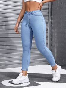 SHEIN ICON 大尺碼女款口袋修身百搭休閒牛仔褲 - 深色水洗藍 - 查看 3