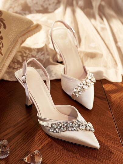 CUCCOO HITCHD Zapatos de tacón alto de aguja de primavera/verano de lujo con cristales de strass de plata y seda, color beige/desnudo, para fiestas, bodas y citas, con diseño de talón descubierto