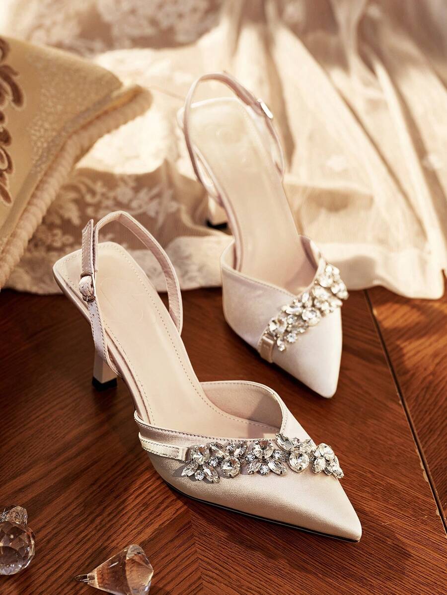 CUCCOO HITCHD Spring/Summer New Luxury Silk Silver Crystal Rhinestone Embellished Beige/Nude Stiletto High Heel Shoes, Party, Wedding, Date Occasion Backless Pumps For Christmas Elegant Shoes Wedding Shoes - Apricot - View 1