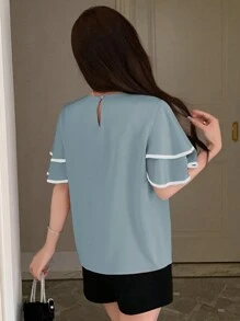 DAZY 女性雙層荷葉邊短袖襯衫，圓領對比拼色設計 - 藍色 - 查看 3