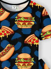 SHEIN Tween Boy Casual Simple Cartoon Hamburger Printed Short Sleeve T-Shirt And Long Pants 2pcs Homewear Suit, Spring/Summer, Snug Fit - Multicolor - View 3