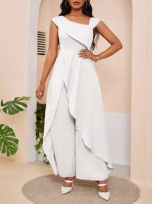 SHEIN Lady Women's Summer Solid Color Asymmetrical Neck Side Slit Wide Leg Jumpsuit With Loose Hem