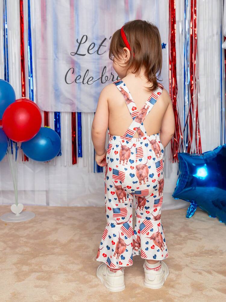 Baby Girl Casual All-Match Cute Flag Pattern Printed Jumpsuit With Suspenders, Suitable For Spring And Summer, Independence Day