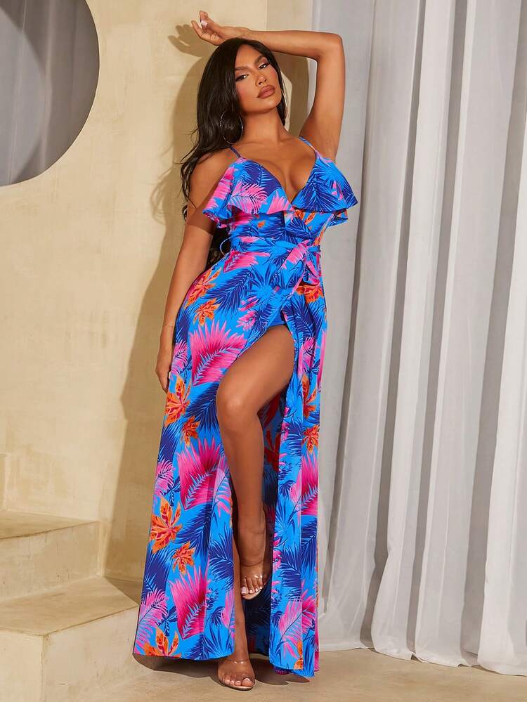 Women's Colorful Plant Printed Strappy Summer Dress