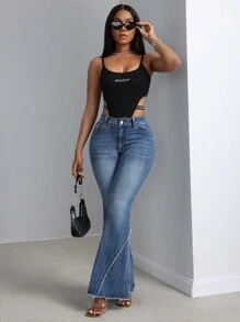 SHEIN SXY Women's Casual Jeans With Pocket Insert And Frayed Hem Design