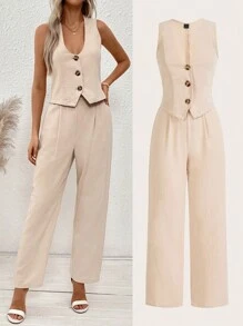SHEIN Clasi Bộ vest và quần tây cài cúc dành cho nữ, Bộ trang phục đi làm bình thường hàng ngày - Màu Khaki - Xem 1