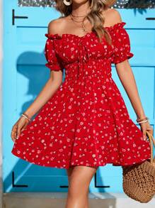 Vivid Eden Rochie de plajă cu talie înaltă, cu umeri de vacanță, cu volane, pentru femei, vară