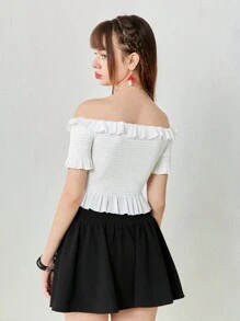SHEINNeu Women's Y2K Cherry Letter Printed Off Shoulder Ruffle Trim Slim Fit Crop Top, Summer - White - View 2
