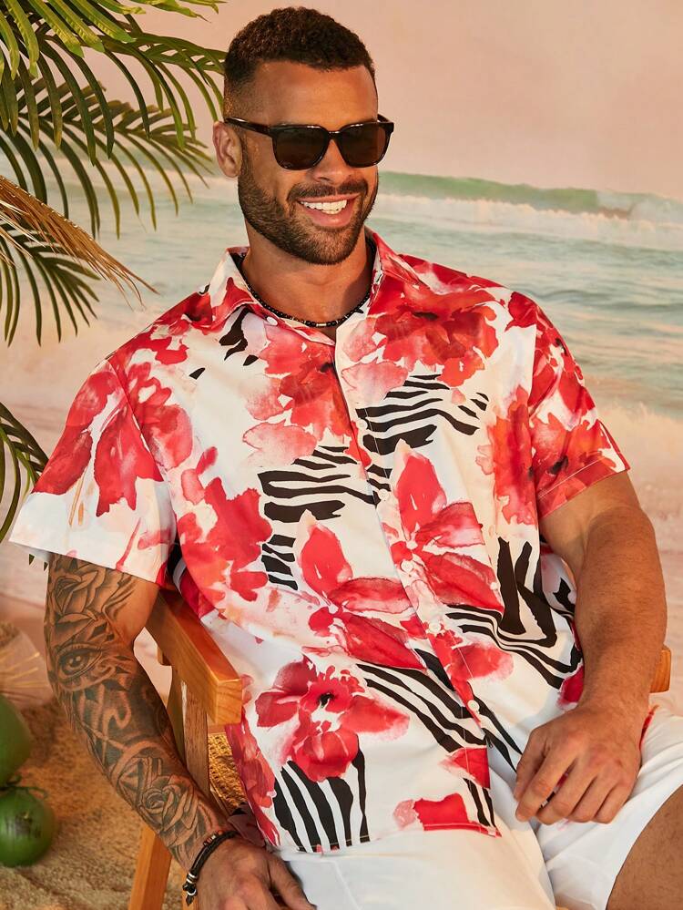 Plus Size Asymmetric Digital Printed Short Sleeve And Shorts Set