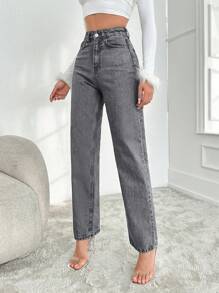 SHEIN Cottnline Jeans De Mujer Con Cremallera Y Trabillas Con Botones - Gris - Ver 6