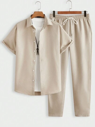 Manfinity BRENVOR 男士度假纯色梭织休闲衬衫和长裤套装，舒适服装