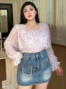 Dazy Petite Plus Women's Plus Size Casual Allover Print Ruffle Sleeve Blouse, Spring/Summer Long Sleeve Women - Pink - View 8