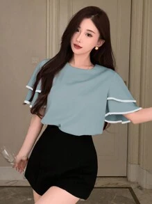 DAZY 女性雙層荷葉邊短袖襯衫，圓領對比拼色設計 - 藍色 - 查看 5