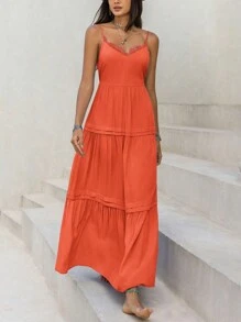 SHEIN Essnce Women's Orange Woven Neckline & Lace Splicing A-Line Casual Dress With Spaghetti Straps For Summer