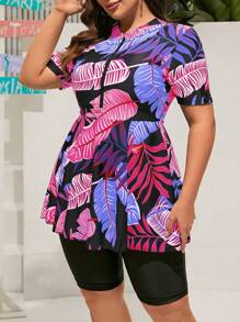 Swim Mulvari Plus Size Tropical Printed Short Sleeve Beach Top And Solid Color Shorts Swimsuit Set For Vacation,Summer Beach - Purple - View 4