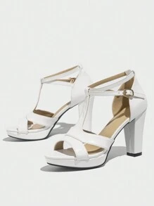 女士厚底高跟凉鞋，优质厚底白色T字带凉鞋，罗马风格，优雅时尚，度假必备