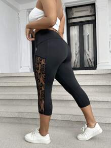 Elenzga Plus Size Women's Solid Color Lace Splicing Slim Fit Capri Leggings