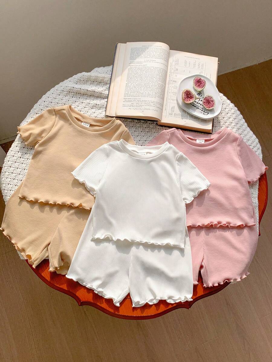 SHEIN LMoss Kids LMoss 6 件装女婴可爱简约针织纯色短袖上衣和松紧腰短裤套装 - 彩色 - 查看 1