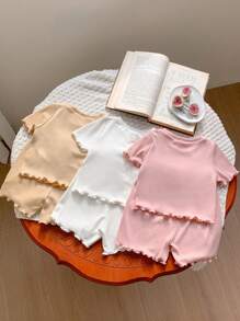 SHEIN LMoss Kids LMoss 6 件装女婴可爱简约针织纯色短袖上衣和松紧腰短裤套装 - 彩色 - 查看 2