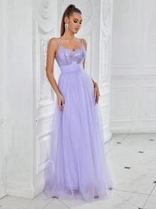 SHEIN Belle Women's Sleeveless Sequin Mesh Splice Bridesmaid Dress With Straps - Lilac Purple - View 1