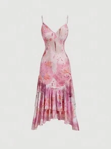 SHEIN MOD Váy Maxi Nữ Cổ Điển Màu Hồng Mùa Hè Có Họa Tiết Hoa Trừu Tượng, Cổ Lá Sen Và Viền Đuôi Cá Váy Maxi Nữ Màu Hồng Váy Maxi Nữ - Hồng - Xem 1