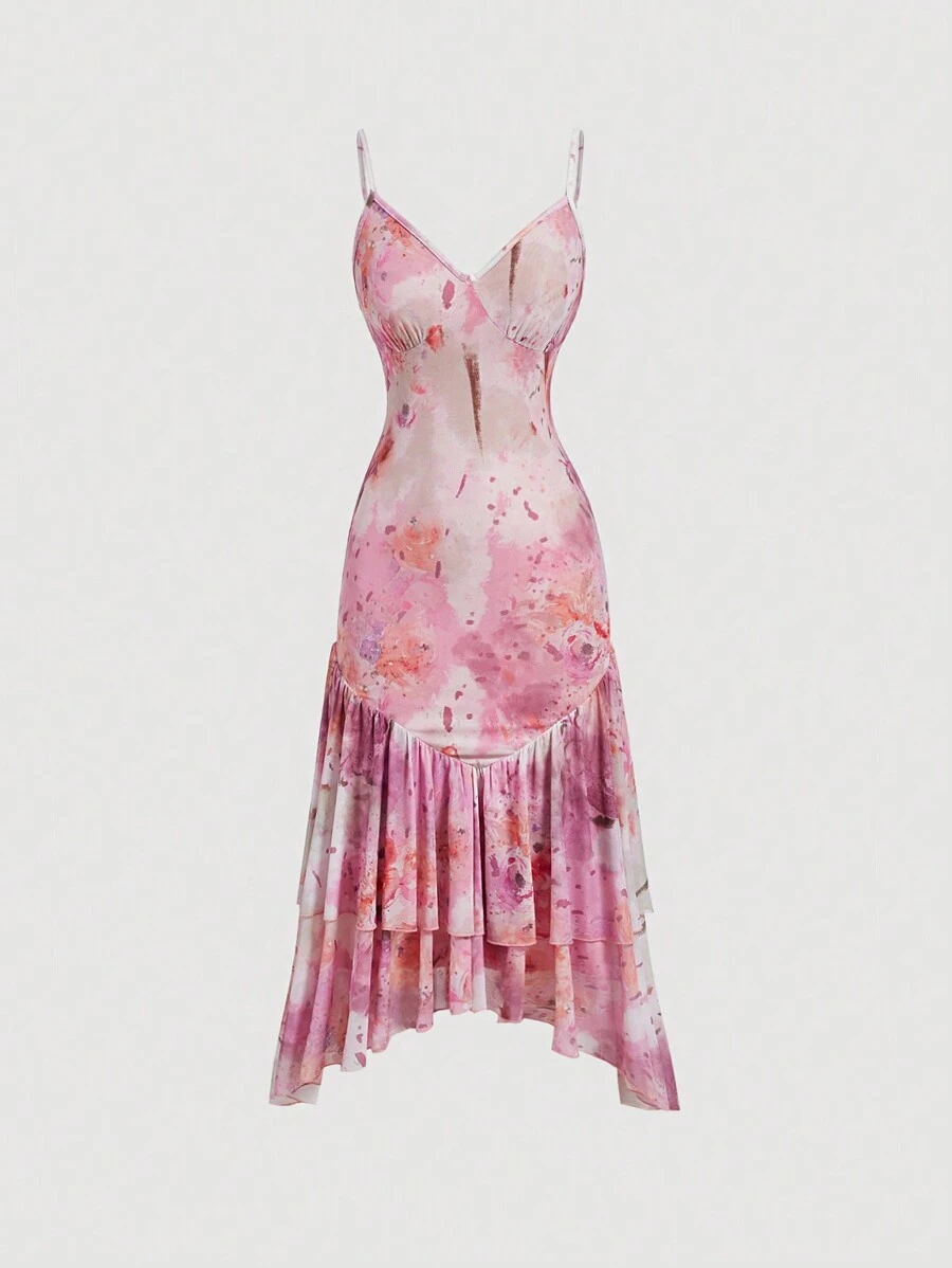 SHEIN MOD Váy Maxi Nữ Cổ Điển Màu Hồng Mùa Hè Có Họa Tiết Hoa Trừu Tượng, Cổ Lá Sen Và Viền Đuôi Cá Váy Maxi Nữ Màu Hồng Váy Maxi Nữ - Hồng - Xem 1