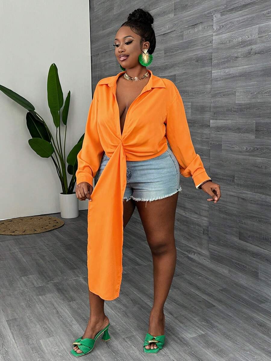 Slaydiva Plus Size Holiday & Elegant Commuting Sexy Plain Orange Deep V-Neck Pleated Belted Shirt, Spring/Summer-E - Orange - View 1