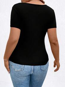 Calvaya T-shirt d"été décontracté grande taille, coupe slim, couleur unie, évidé - Noir - Voir 2