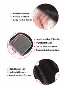 Cierre transparente de encaje Body ondulado de 6x6 con parte libre, 100% cabello humano virgen sin procesar, pre-desplumado con cabello de bebé, línea de cabello natural, negro natural - Natural Black - Ver 5