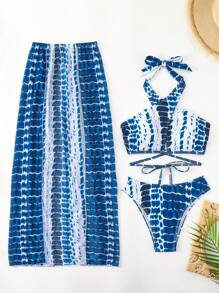 SHEIN Swim 女式随机印花比基尼套装（带裙罩衫）夏季 - 藍色 - 查看 6