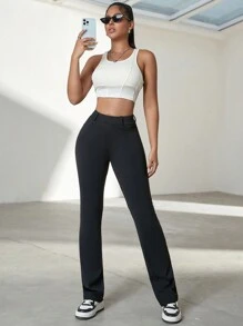 Yoga High Stretch Slim Pocket Design Women Straight Leg Pants, Business Casual Trousers For Office Wear, Autumn - Black - View 4