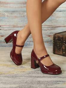 Zapatos de tacón grueso y punta redonda estilo Mary Jane sexy con plataforma impermeable - Burdeos - Ver 2