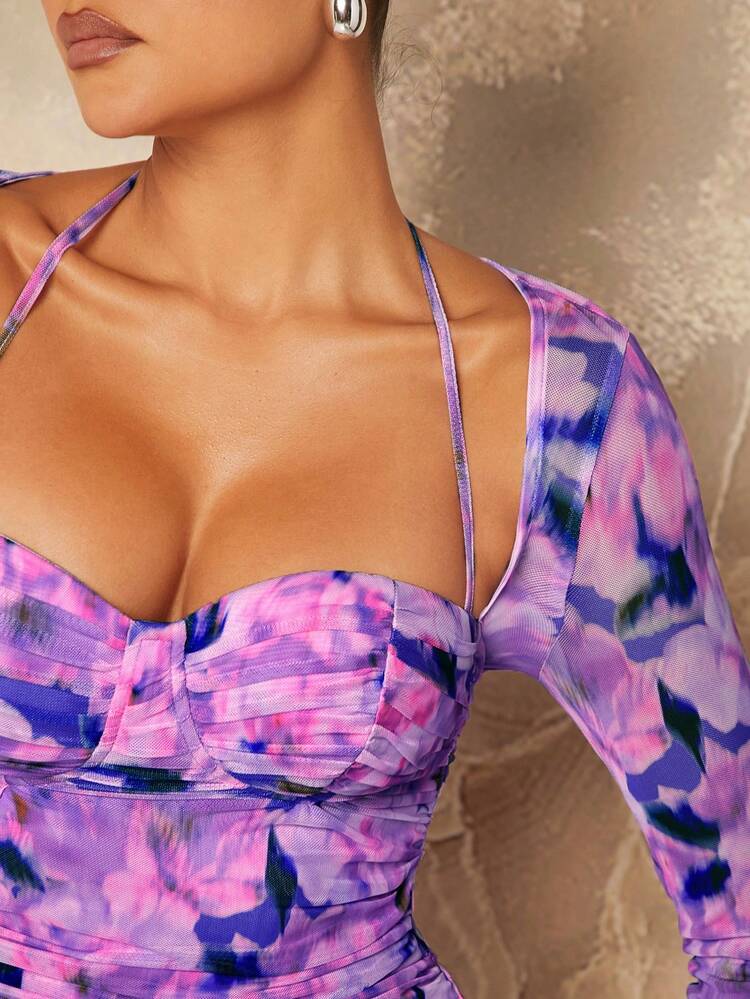 Floral Print Split Thigh Bodycon Dress