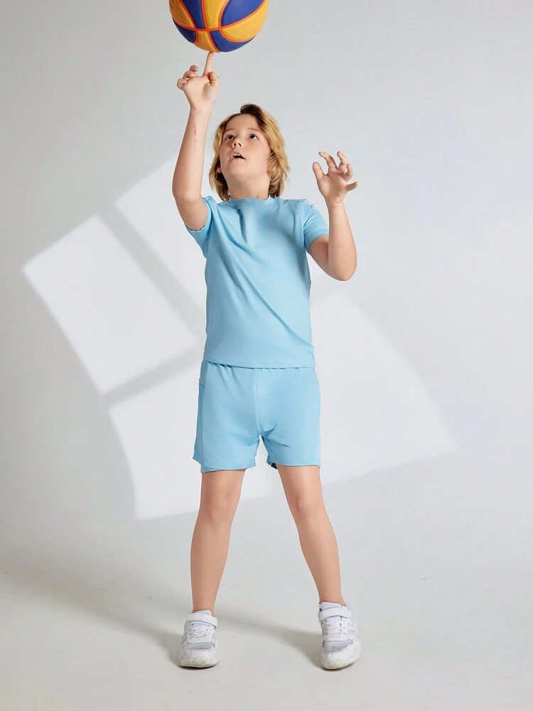 Tween Boy Sportswear Set, Blue Sports Type Stretchy Comfortable & Breathable Moisture-Wicking Fashionable Design For Running & Cycling Training