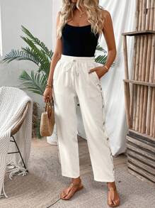 Breezaya Women's Plain Button Decoration Casual Pants With Pockets - Apricot - View 4