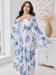 Modelyn Plus Size Summer Elegant Floral Print Dress With Flare Sleeves, Elastic Waist And Asymmetrical Hem - Multicolor - View 4
