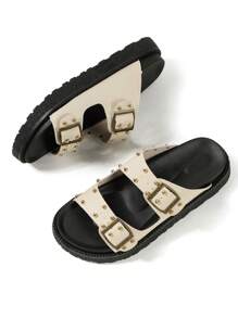 Beige Women Platform Wedge Heel Studded Slip-On Sandals