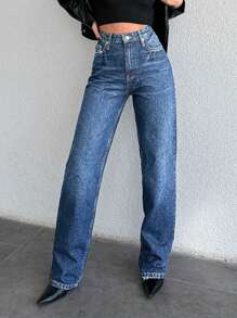 EURMUSE High Waist Straight Leg Jeans - 藍色 - 查看 3
