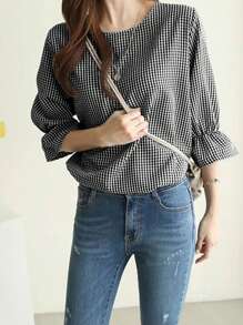 INAWLY Camisa de cuadros casual de manga acampanada para primavera/verano en talla grande - Negro - Ver 6