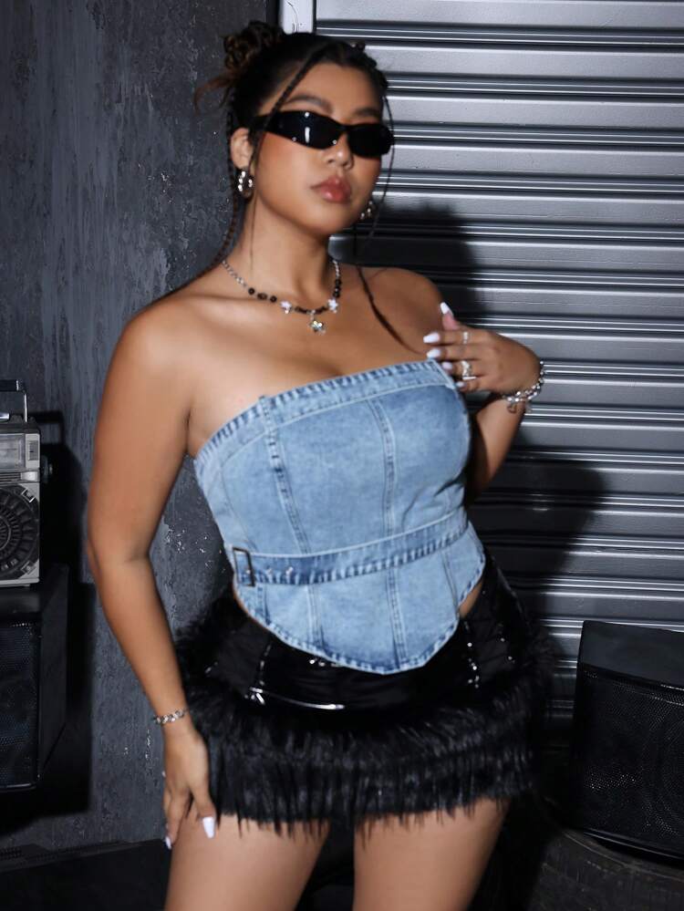 Plus Size Women Solid Color Simple Style Denim V-Neck Vest Top For Daily Wear