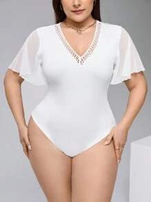 Firerie Body de manga corta con contraste de malla talla grande para verano - Blanco - Ver 1