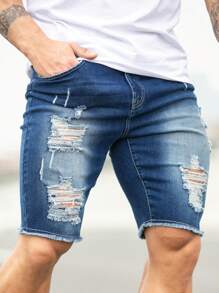 Manfinity Homme Men Plus Size Simple Daily Ripped Denim Shorts - Blue - View 6