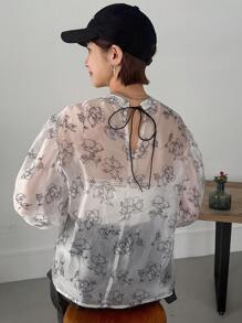 FRIFUL Women Fashion Flower Print Mid Sleeve Shirt Sheer - White - View 9