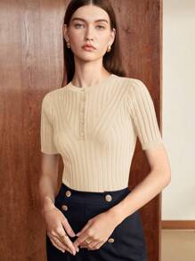 BizChic Women's Solid Color Round Neck Single-Breasted Casual Short Sleeve Knit Top, Summer - Khaki - View 4