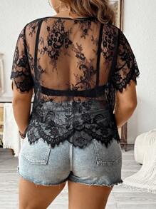 SHEIN LUNE Plus Size Women Summer See-Through Lace Top - Black - View 1