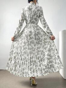 Mulvari Women's Spring/Summer Floral Print Ruffle Hem Belted Long Sleeve Pleated Hem Elegant Dress Maxi Women Outfit