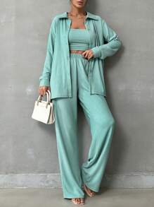 SHEIN Tall 3 Piece Set Of Textured Shirt & Strapless Top & Pants Casual & Fashionable - Mint Green - View 4