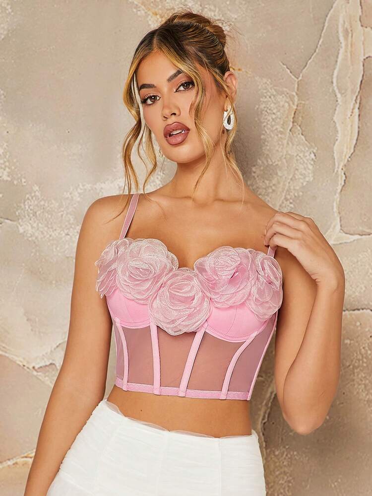 Floral Appliques Crop Mesh Panel Cami Bustier Top