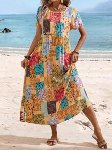 EMERY ROSE Women's Vacation Casual Patchwork Printed Batwing Sleeve Dress With Cinched Waist - Multicolor - View 2